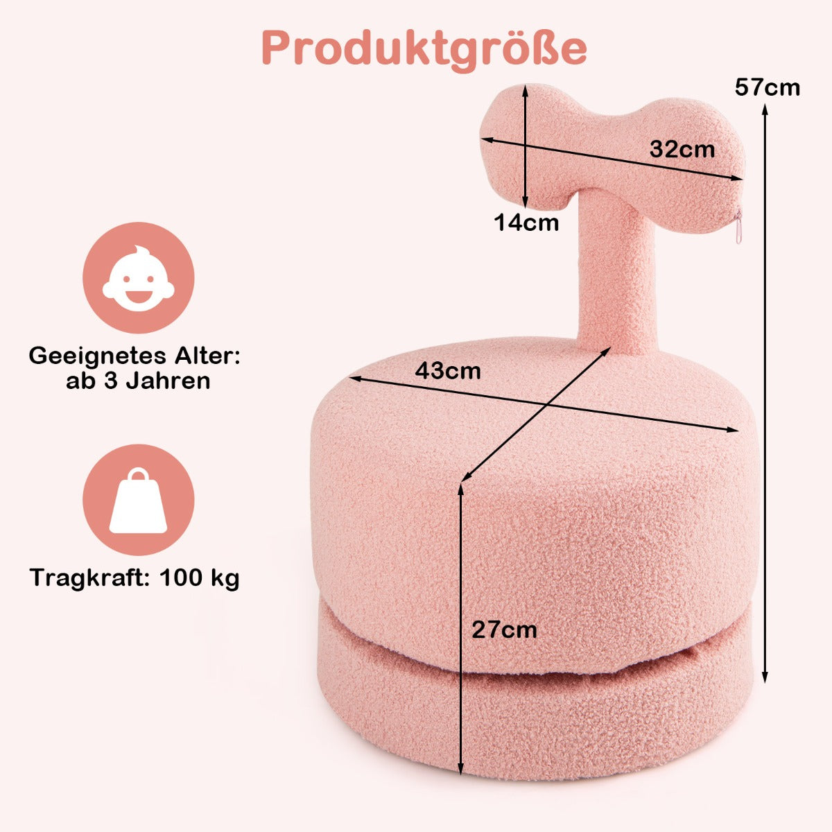pack – snurrstolar, stoppade barnpallar med ryggstöd rosett, skumsits och reptåliga fotkuddar, barnfåtölj – 2 – Rosa