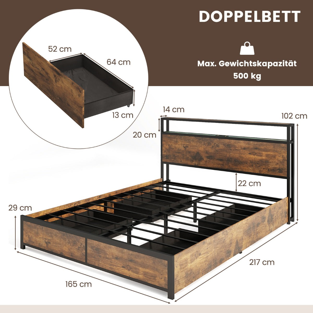 Säng – med LED belysning, laddstation och lådor, huvudgavel ribbotten – 4 200 x 160 cm – Rustik brun