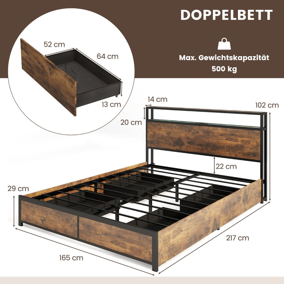 Säng – med LED belysning, laddstation och lådor, huvudgavel ribbotten – 4 200 x 160 cm – Rustik brun