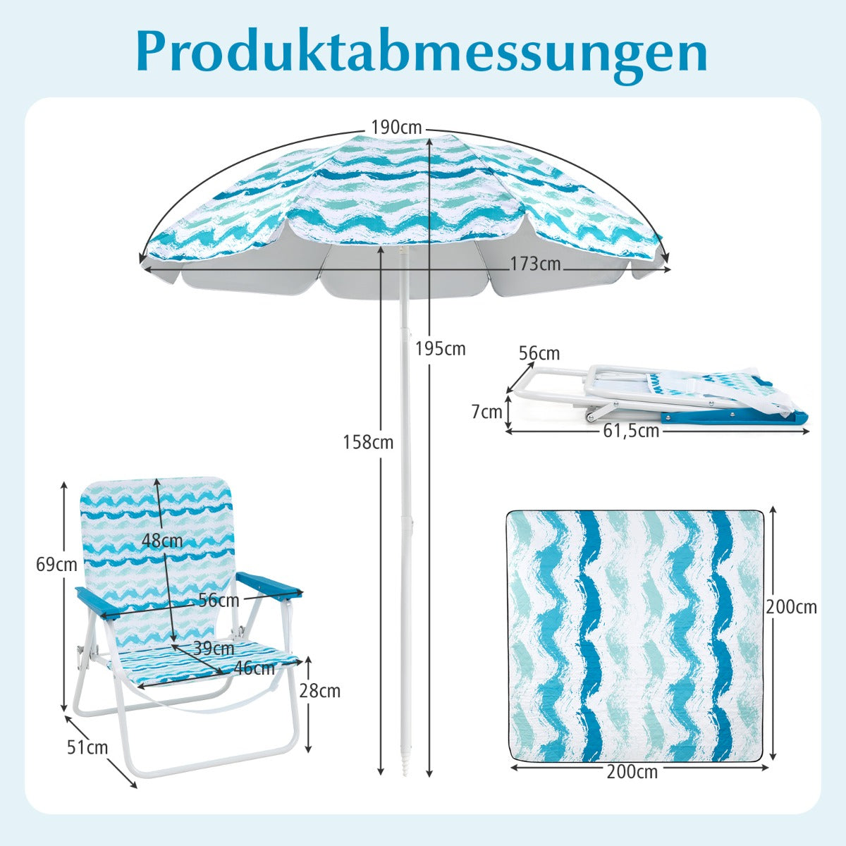 pack – strandstolar med parasoll och strandfilt bärväska hopfällbara – 2 2 – Blå