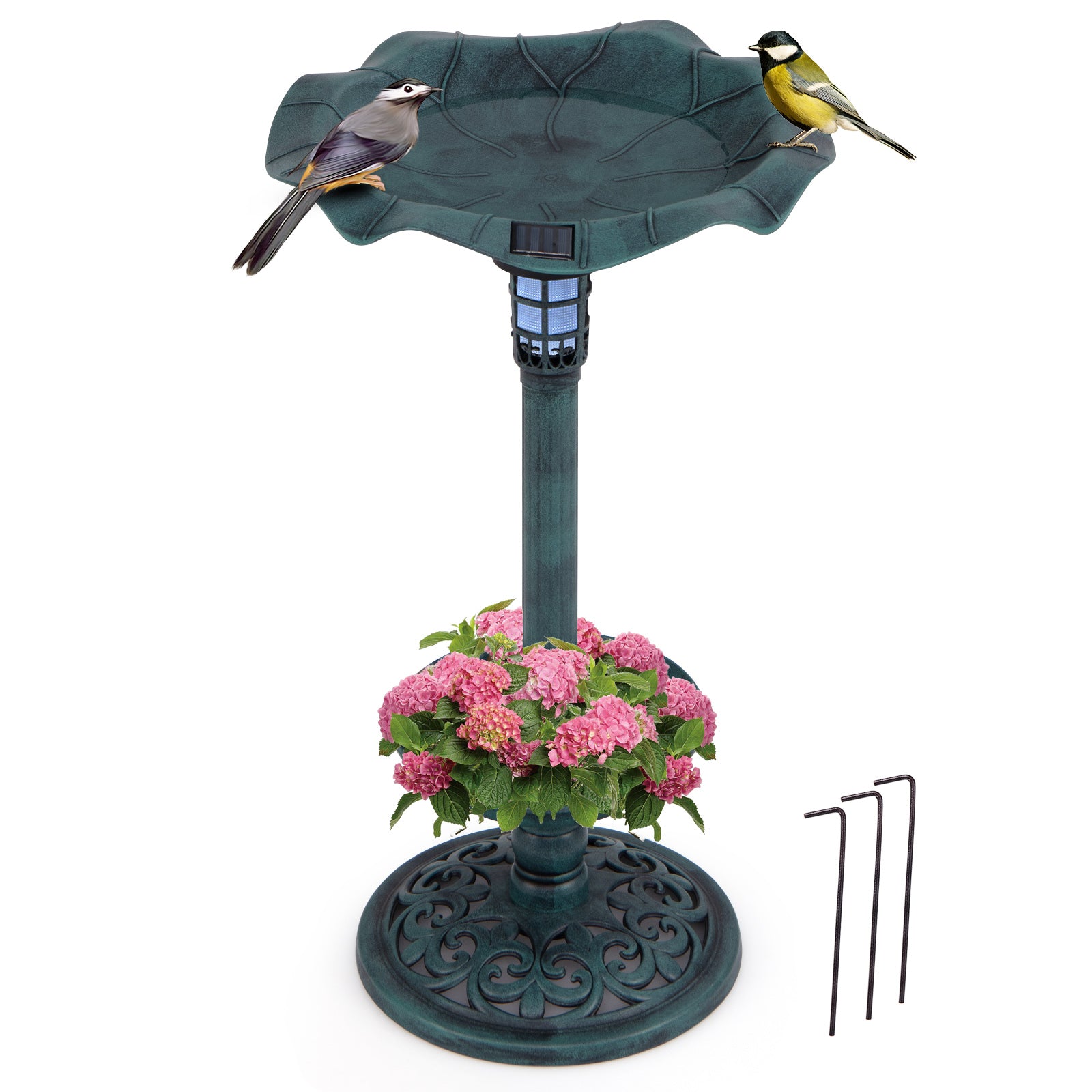 Retro – fågelbad med solbelysning blomkruka fågelmatare och stativ fågelmatningsstation – Grön