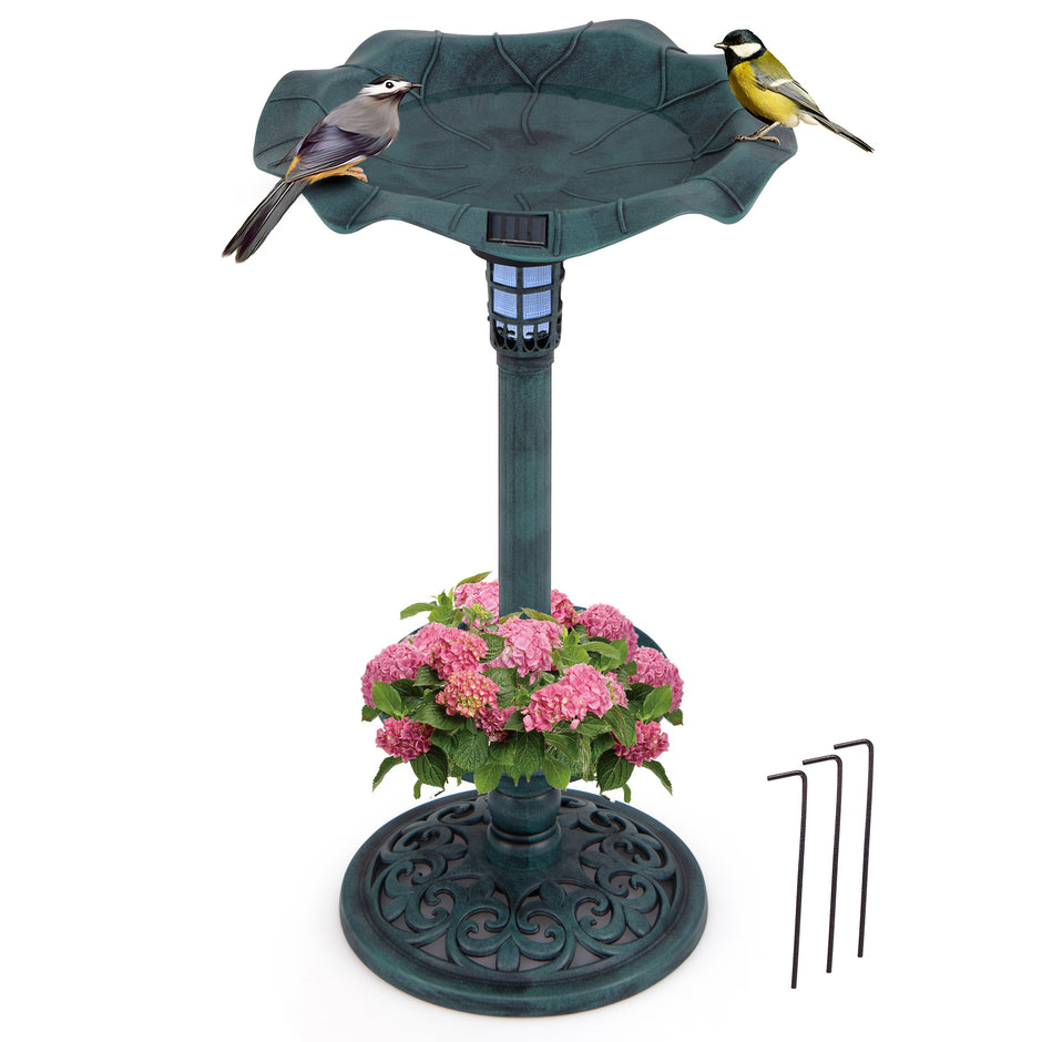 Retro – fågelbad med solbelysning blomkruka fågelmatare och stativ fågelmatningsstation – Grön