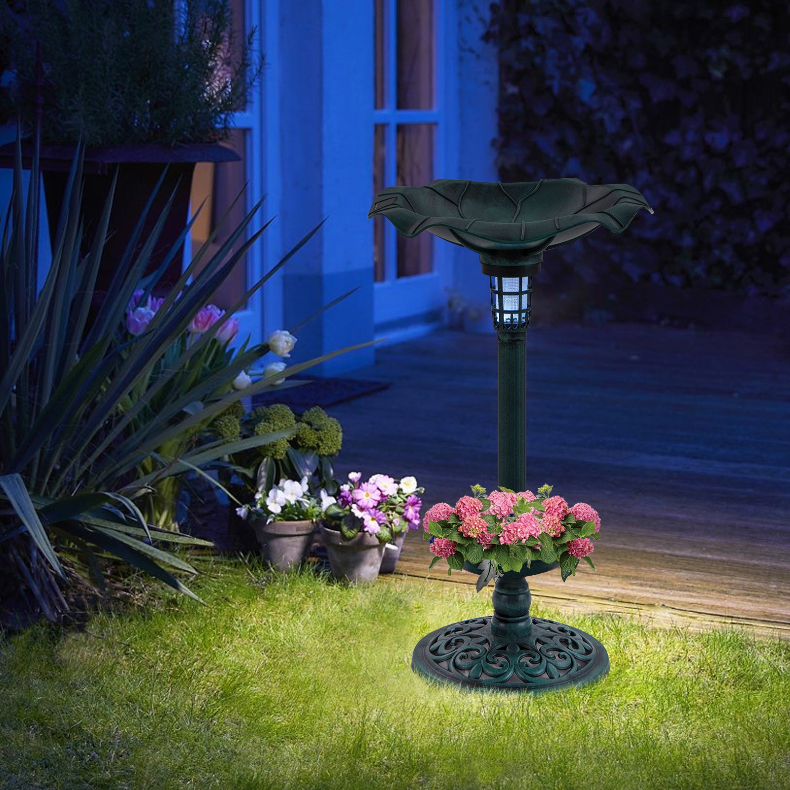 Retro – fågelbad med solbelysning blomkruka fågelmatare och stativ fågelmatningsstation – Grön