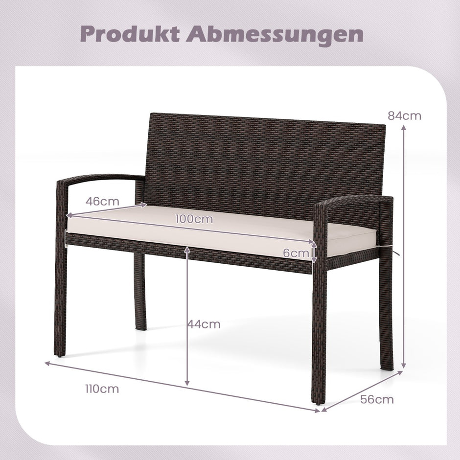 Polyrattan – trädgårdsbänk med sittkuddar Väderbeständig balkongbänk upp till belastning – 360 kg – Beige