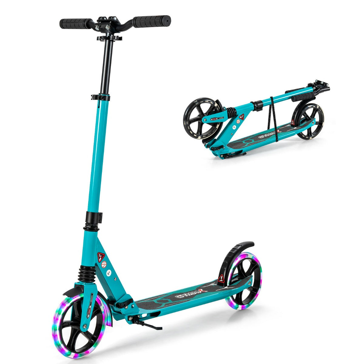 Barns – hopfällbar scooter med belysning, höjdjusterbar bärrem – Turkos