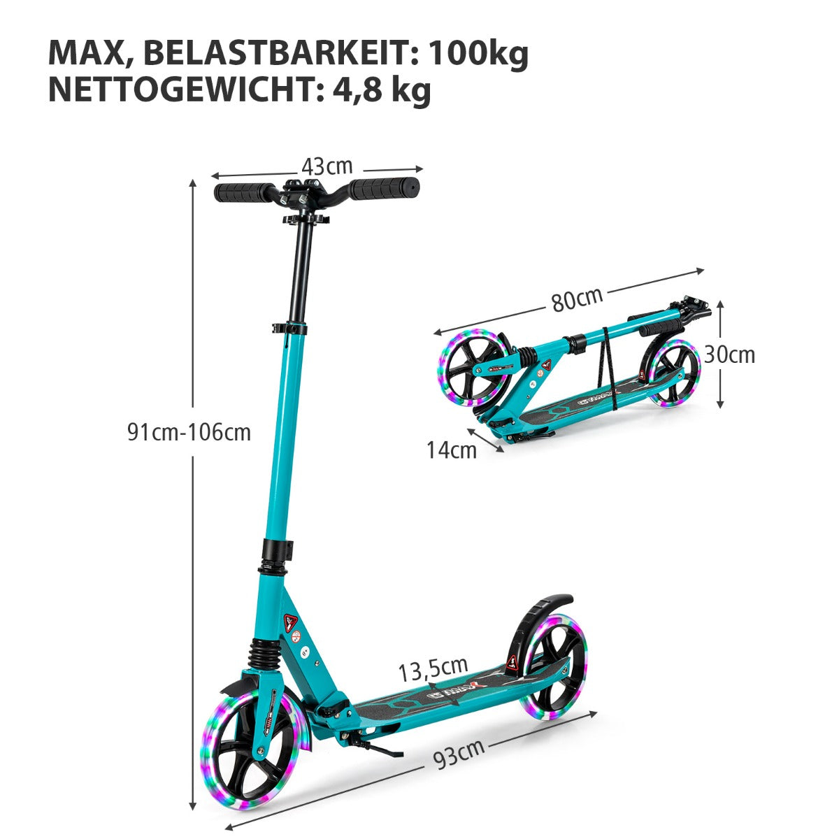 Barns – hopfällbar scooter med belysning, höjdjusterbar bärrem – Turkos