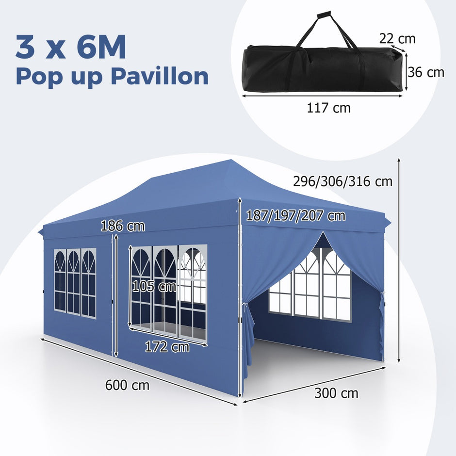Paviljong – med avtagbara väggar och sandsäckar – 6 3 x 6 m – Blå