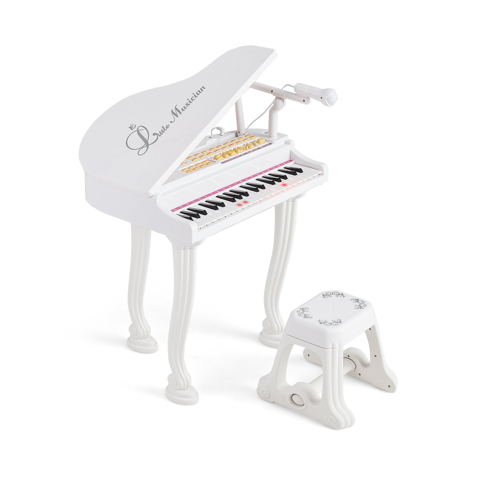 Barnkeyboard – med tangenter och pall Elektroniskt pianotangentbord – 37 47 x 37 x 70 cm – Vit