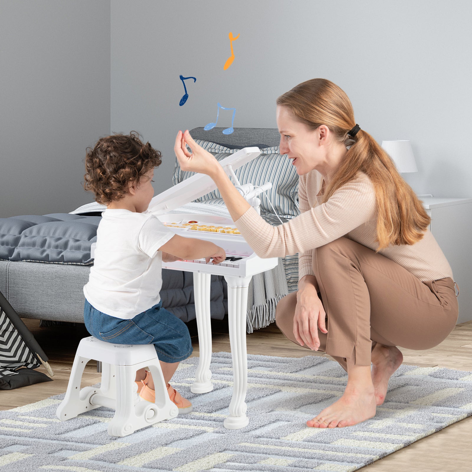 Barnkeyboard – med tangenter och pall Elektroniskt pianotangentbord – 37 47 x 37 x 70 cm – Vit
