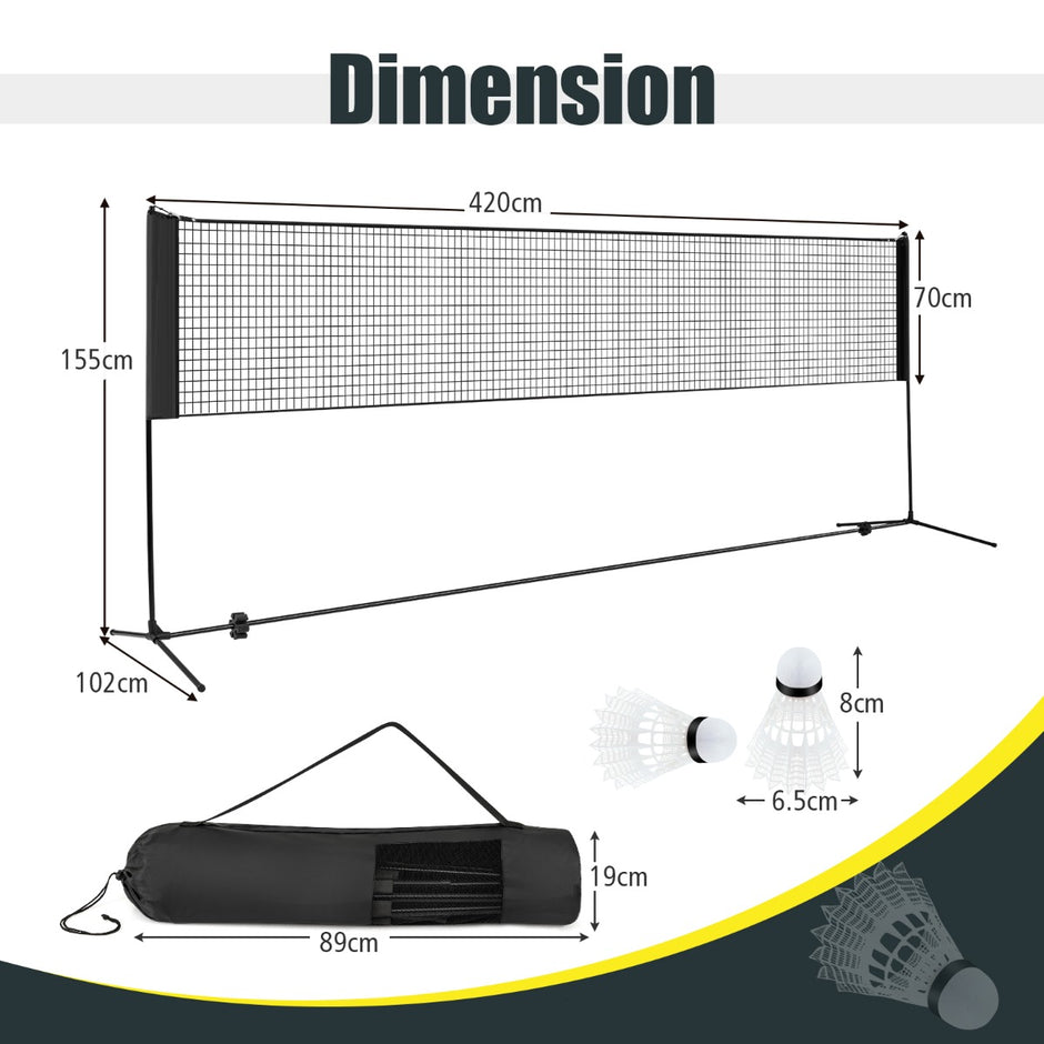 Badmintonnät – med stativ, höjjusterbart fjäderbollsnät fjäderbollar och bärväska – 2 420 x 102 x 89-155 cm – Svart