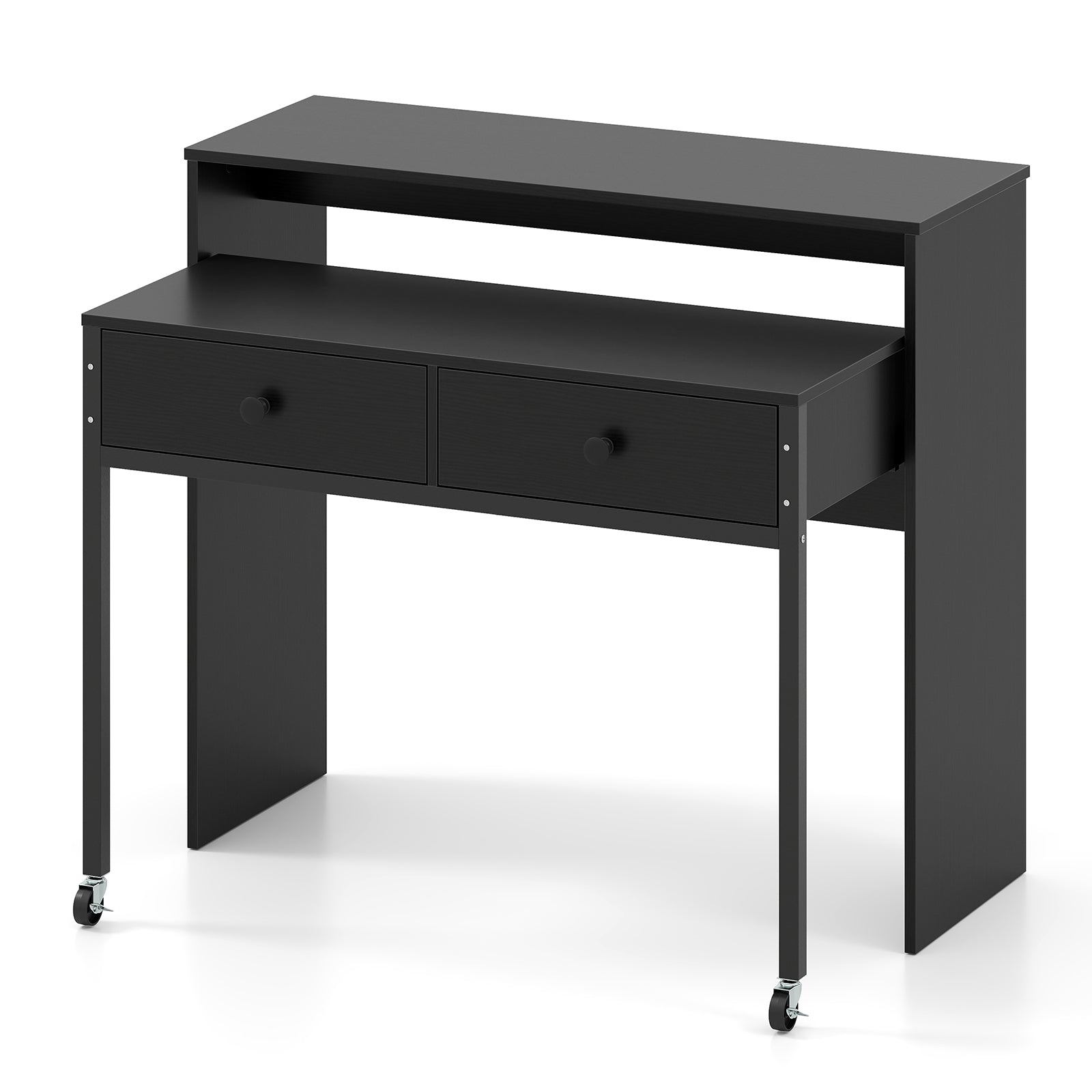 Utdragbart – skrivbord, mindre datortabell med lådor och hjul – 2 100 x 63 x 88 cm – Svart