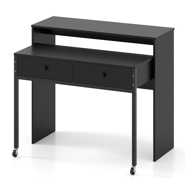 Utdragbart – skrivbord, mindre datortabell med lådor och hjul – 2 100 x 63 x 88 cm – Svart