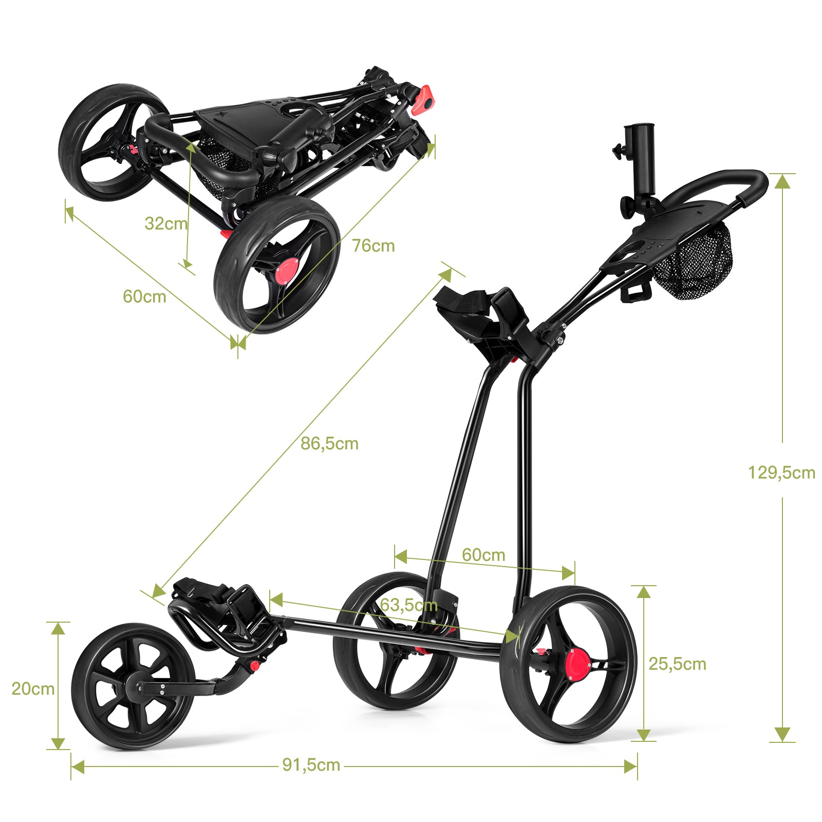 hjulig – golfvagn Vikbar i järn med justerbart TPR handtag Metall – 3 – Svart