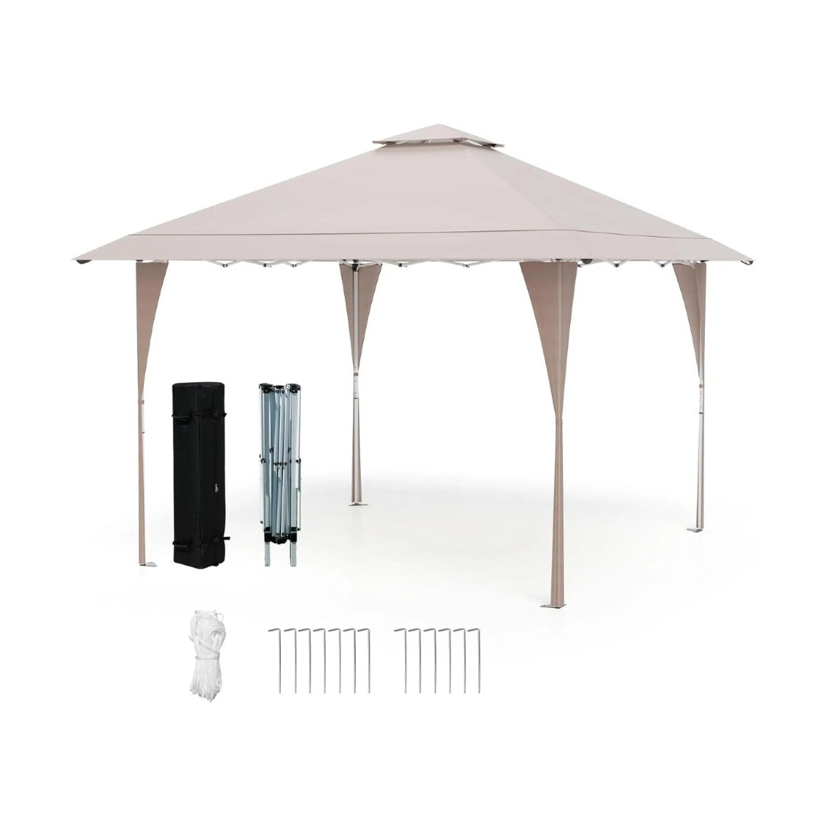 Pop – Up paviljong med dubbelt tak och metallram Höj sänkbart – 4 x 4 m – Khaki