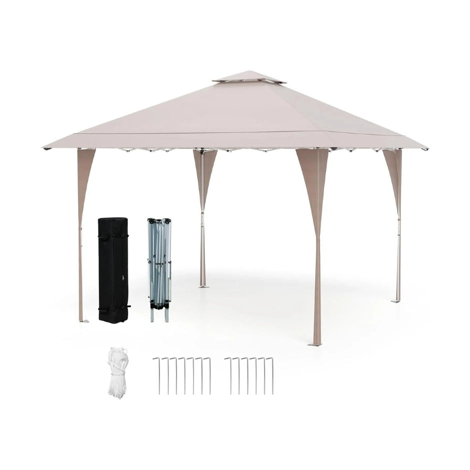 Pop – Up paviljong med dubbelt tak och metallram Höj sänkbart – 4 x 4 m – Khaki