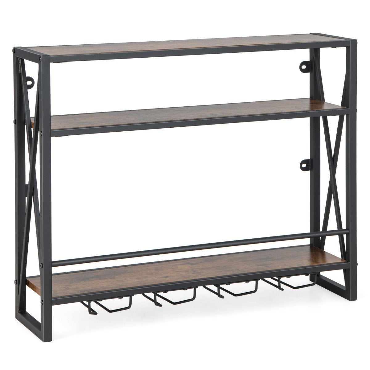 vånings – metallvägg vinställ med glashållare Industriell design – 3 – Rustik brun