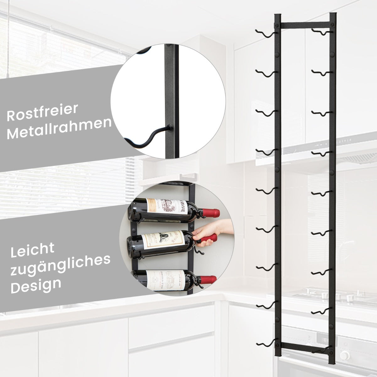 Vinställsvägg – för vinflaskor flaskhållare av metall – 9 22 x 13,5 x 109 cm – Svart