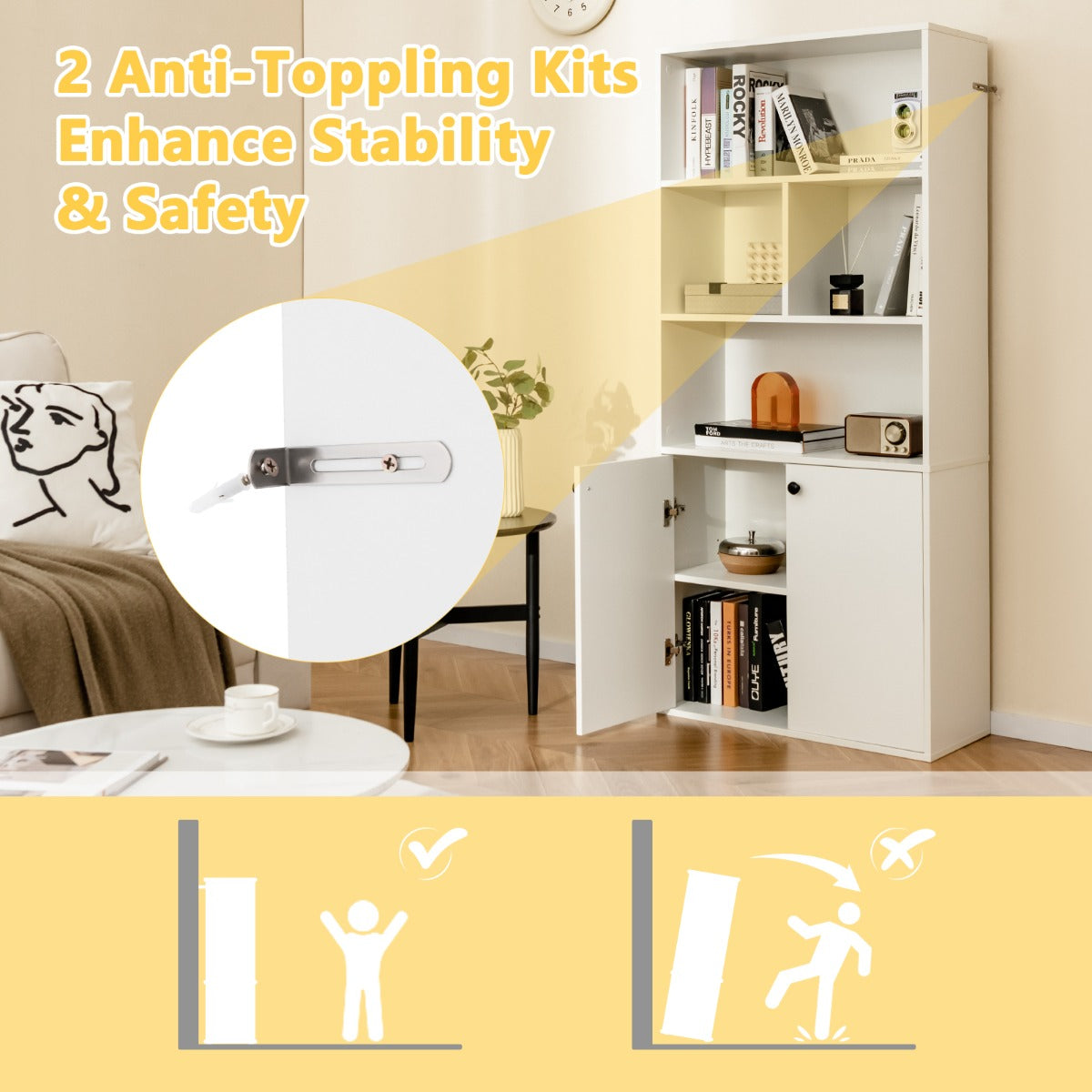 vånings – bokhylla med dubbeldörrar hög ställningshylla öppna fack – 5 155 cm – Vit