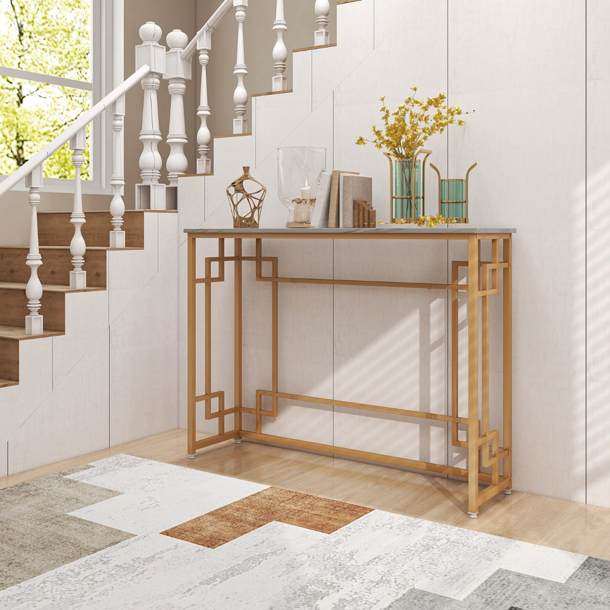 Konsolbord – med marmor och geometrisk metallram Entrébord smalt gyllene – Guld