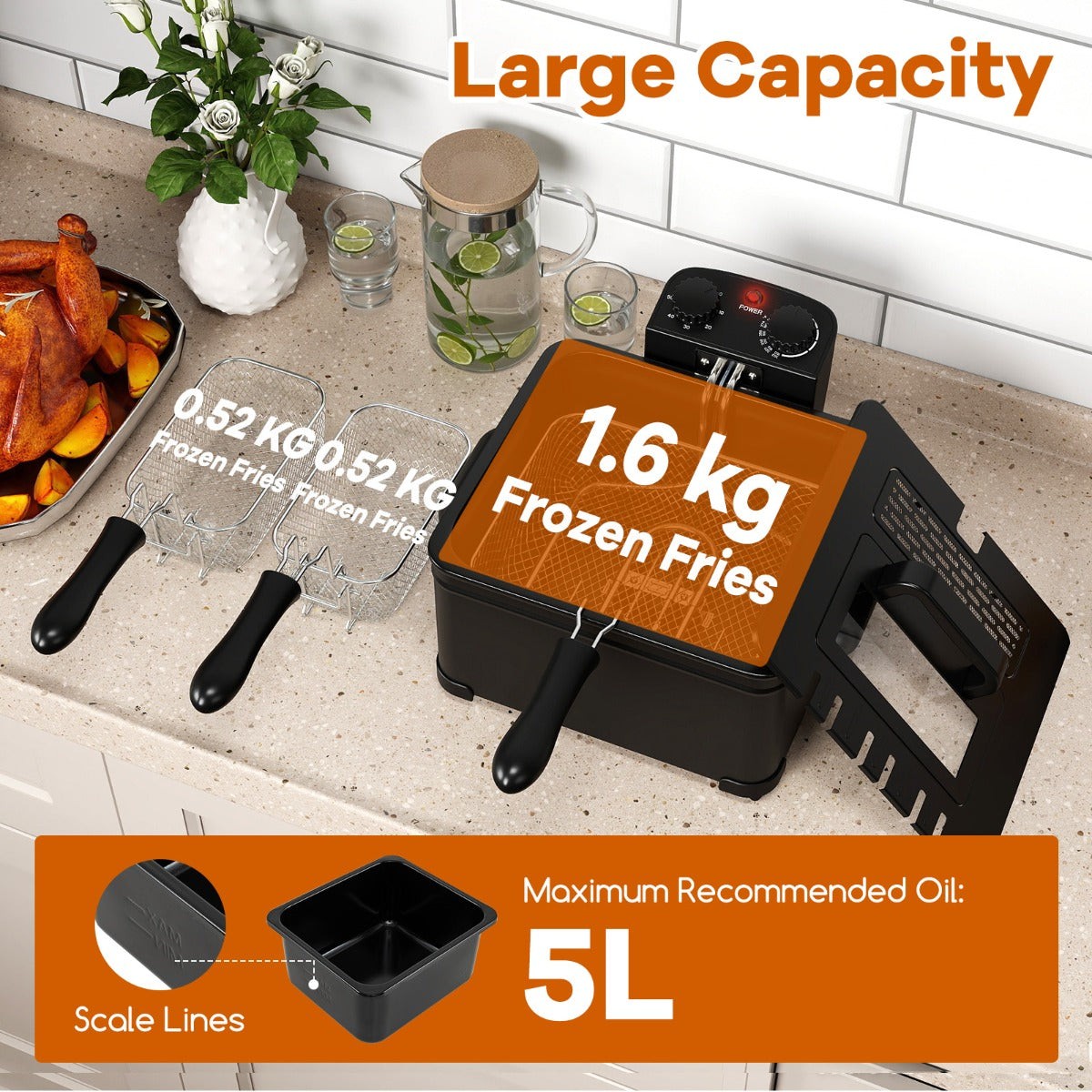 Fritös – 1700W elektrisk 5L med stor och små korgar – 1 2 – Svart