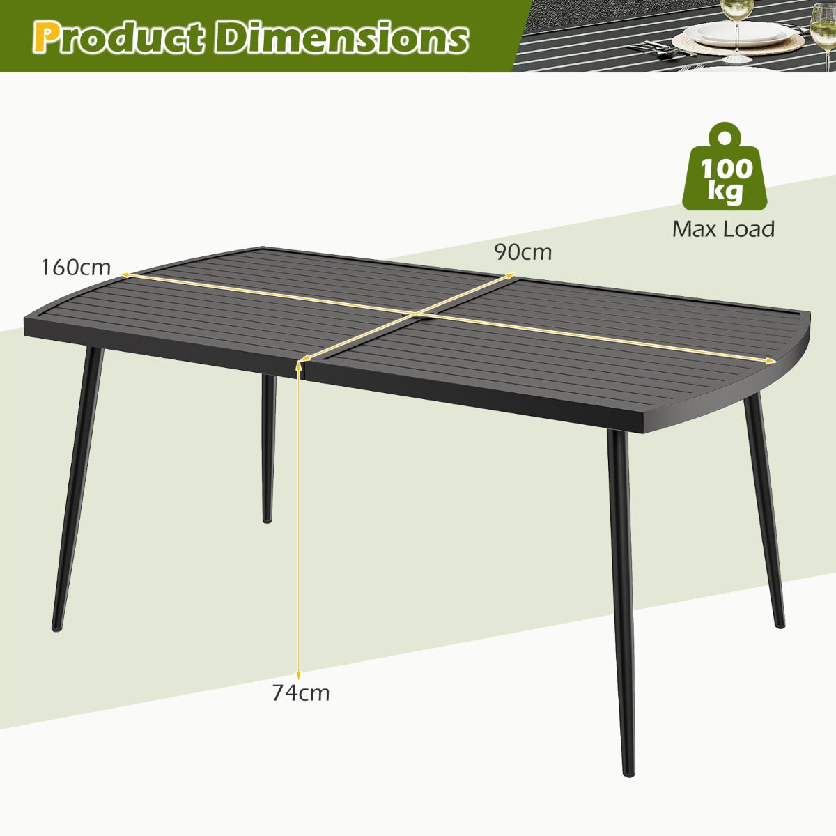 Gårdsbord – Utomhusmatbord För Personer Balkongbord Av Metall Med Parasollhål – 160 x 90 cm 6 4 cm – Svart