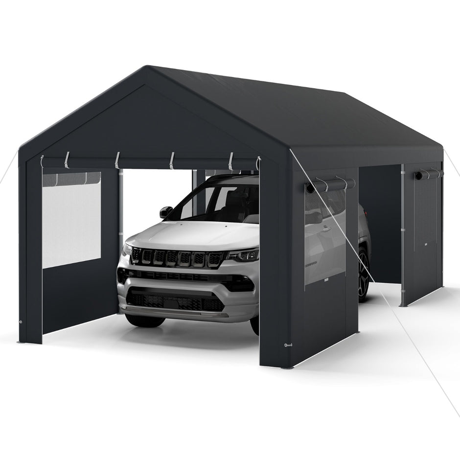 Tältgarage – Lagerält med upprullbar ventilerat Fönster och avtagbar Sidovägg – 305 x 586 cm – Mörkgrå