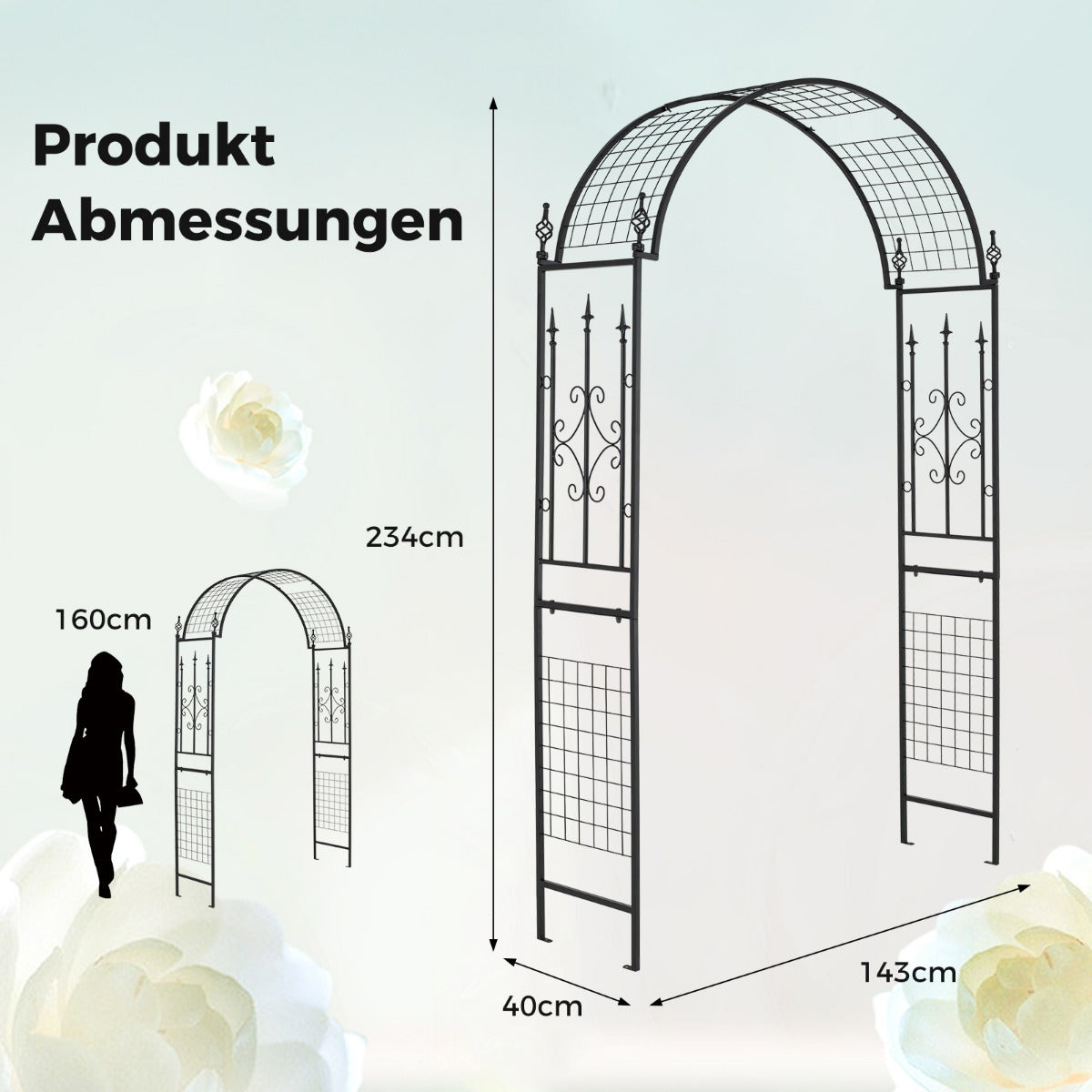 Rose – Arch Metal Garden för klätterväxter Spaljébåge bröllopsfest på bakgården – 143 x 40 x 234 cm – Svart