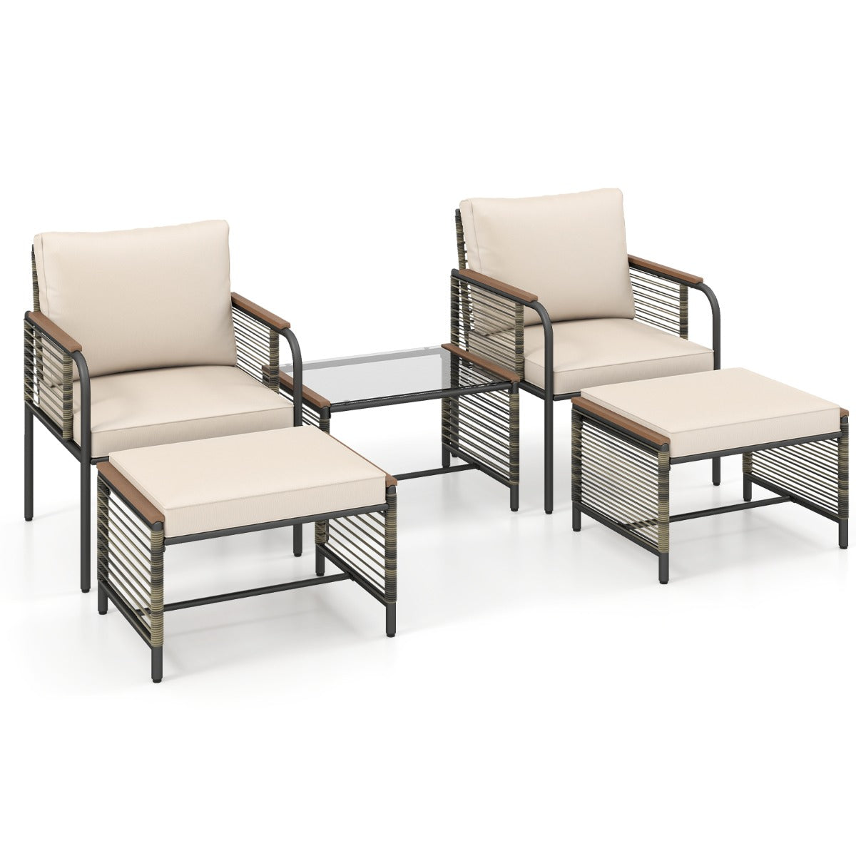 Rattan – trädgårdsmöbler set inkl. stolar med kuddar och pall bord Sittgrupp – 2 – Beige