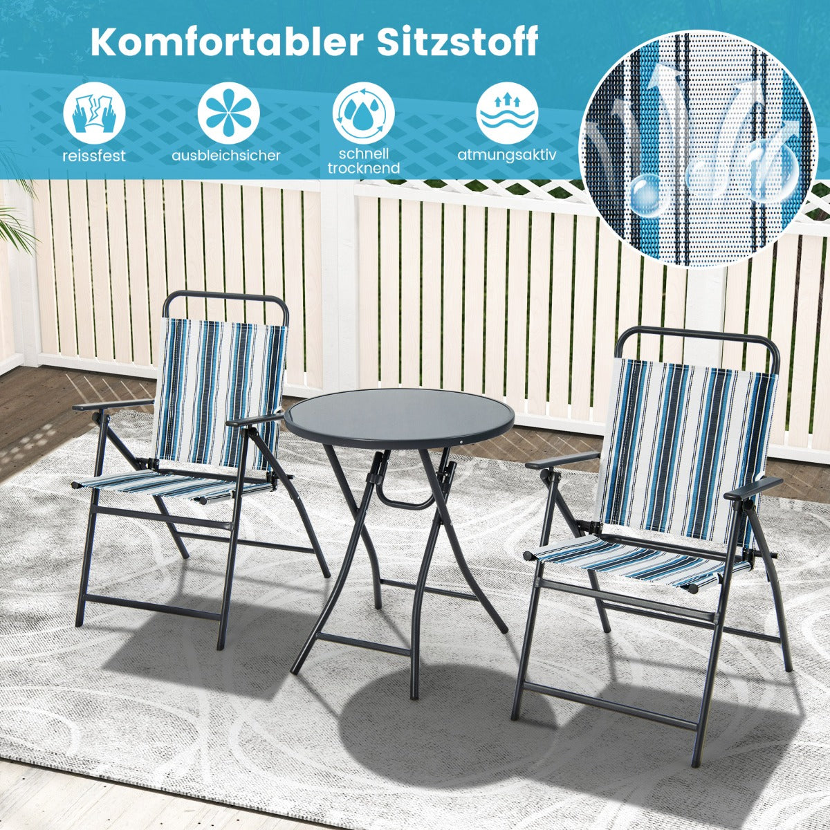 delat – balkongset bistrobord med hopfällbara stolar sittset robust metallram – 3 2 – Blå