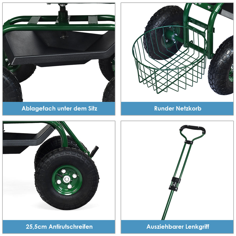 Rullstol – med hjul och utdragbart handtag korg 360° roterande trädgårdsvagn trädgårdssäte – 96,5 x 48,5 x 45,5-54,5 cm – Grön