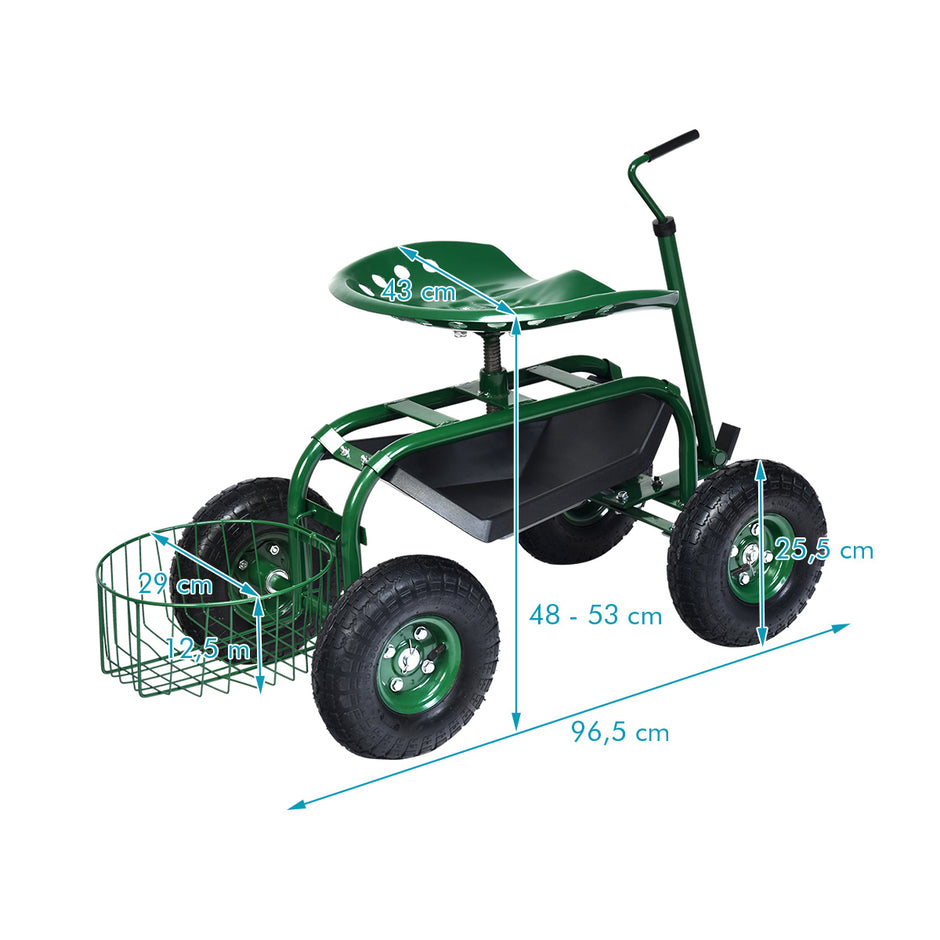 Rullstol – med hjul och utdragbart handtag korg 360° roterande trädgårdsvagn trädgårdssäte – 96,5 x 47,5 x 47-55 cm – Grön