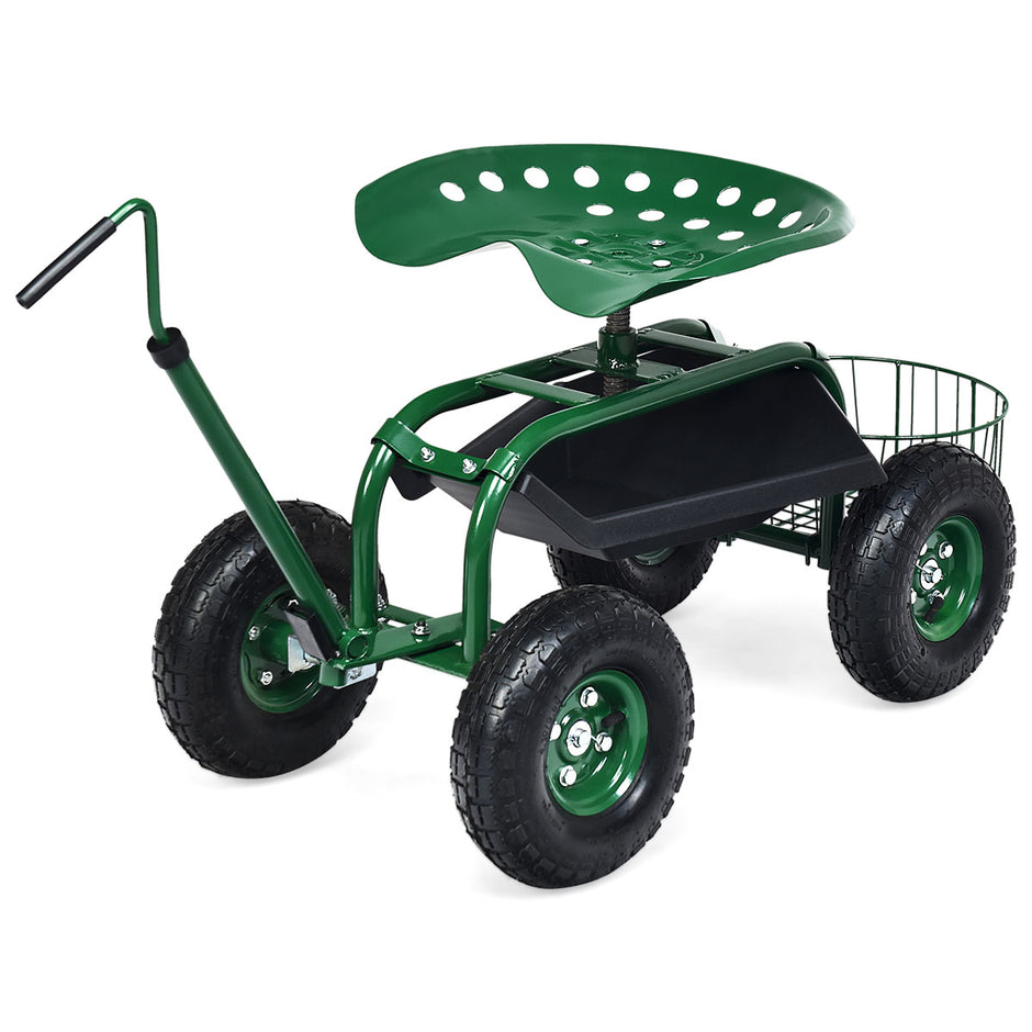 Rullstol – med hjul och utdragbart handtag korg 360° roterande trädgårdsvagn trädgårdssäte – 96,5 x 47,5 x 47-55 cm – Grön