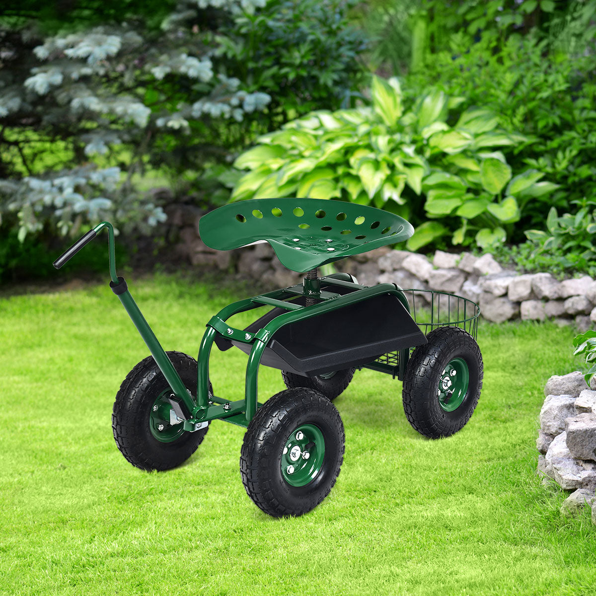 Rullstol – med hjul och utdragbart handtag korg 360° roterande trädgårdsvagn trädgårdssäte – 96,5 x 47,5 x 47-55 cm – Grön