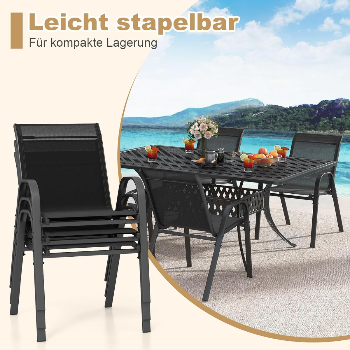 Set – med stapelbara trädgårdsstolar gjorda av textilen och metallram – 4 56 x 70 x 84 cm – Svart