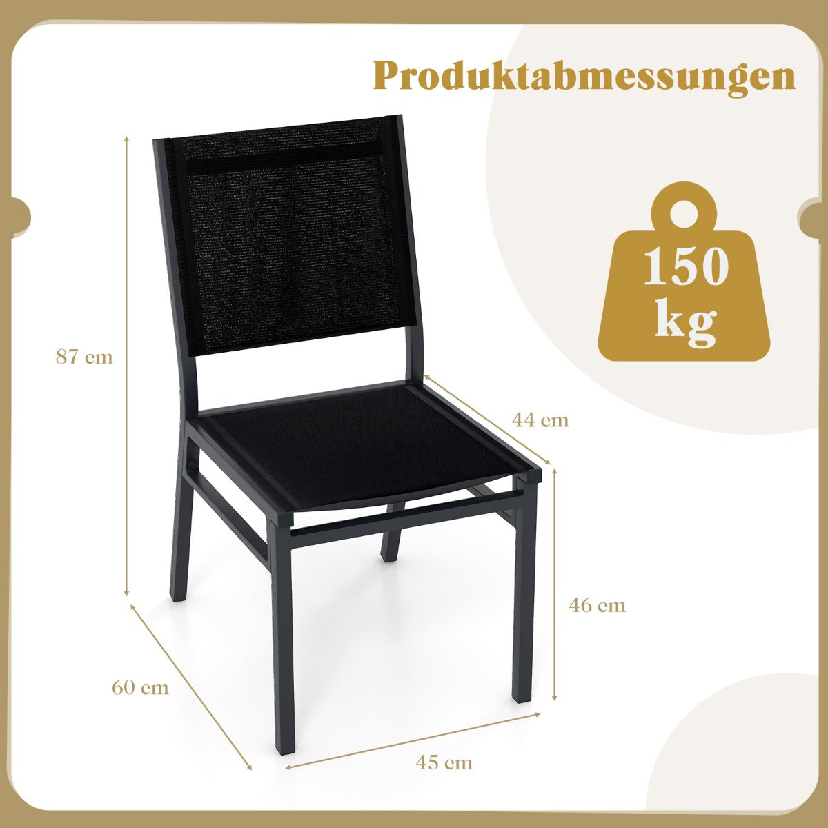 Trädgårdsstol – väderbeständig altanstol i aluminium med ventilerande sits och ryggstöd – 60 x 45 x 87 cm – Svart