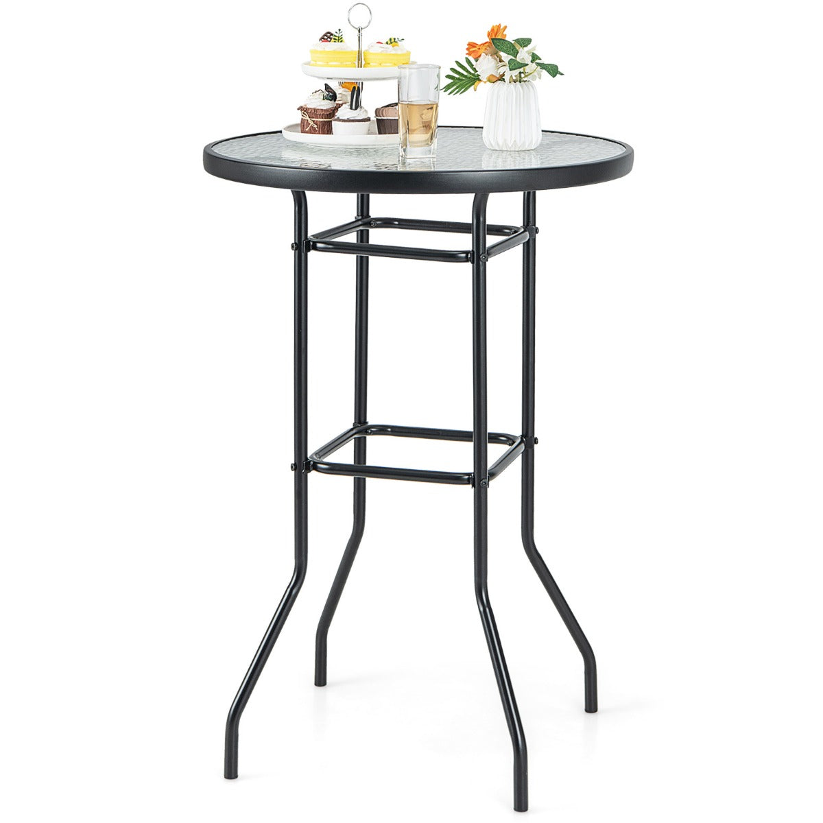 Högt – trädgårdsbord, barbord, runt bistrobord med härdat glasskiva, – 68 x 68 x 97 cm – Svart