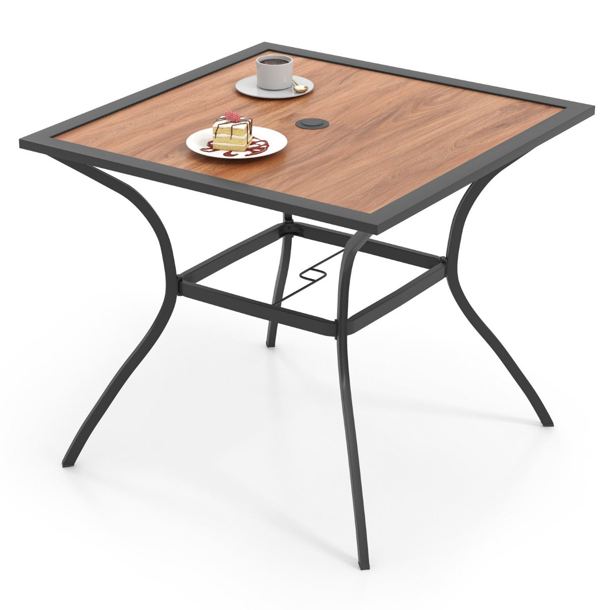 Trädgårdsbord – med bordsskiva i trälook. Terrassbord justerbart paraplyhål – 85 x 85 x 74 cm – Brun
