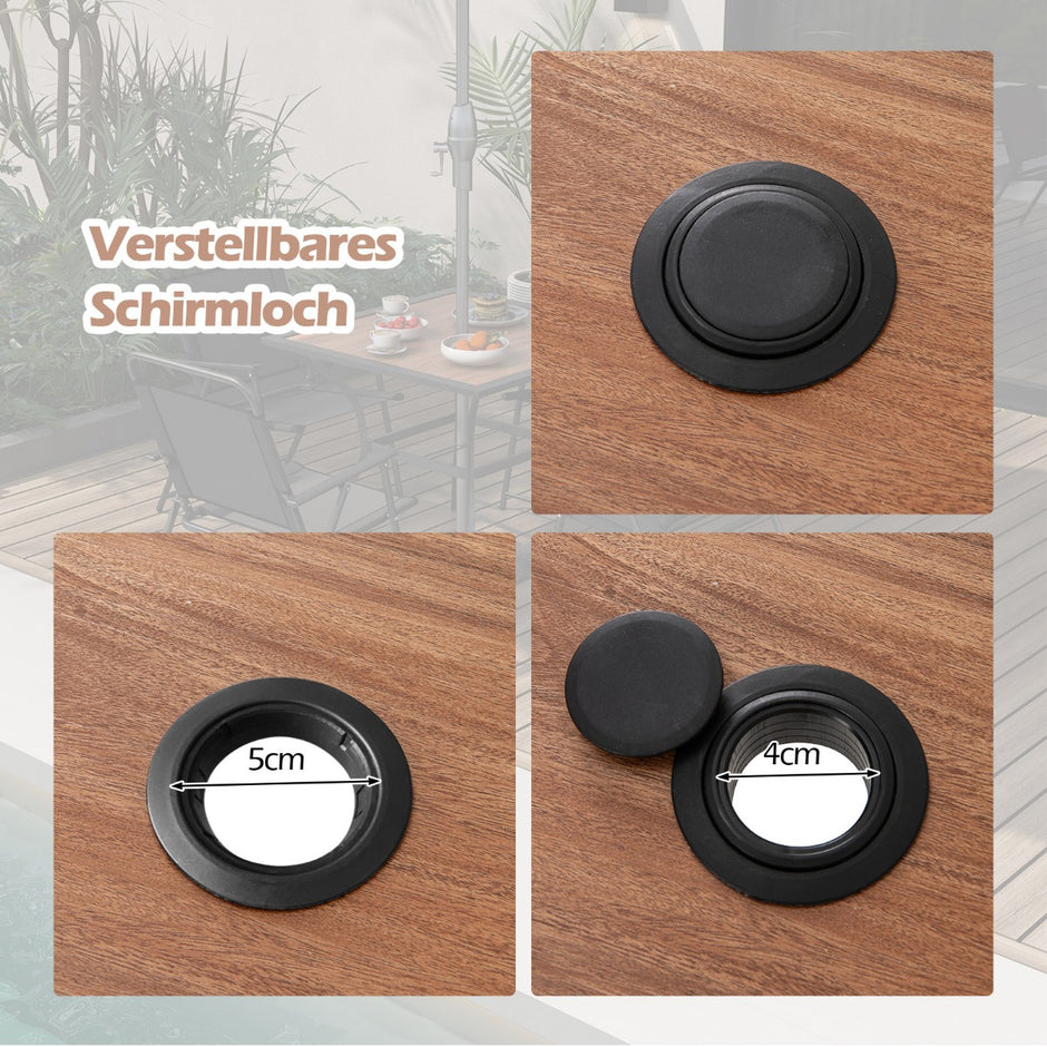 Trädgårdsbord – med bordsskiva i trälook. Terrassbord justerbart paraplyhål – 85 x 85 x 74 cm – Brun