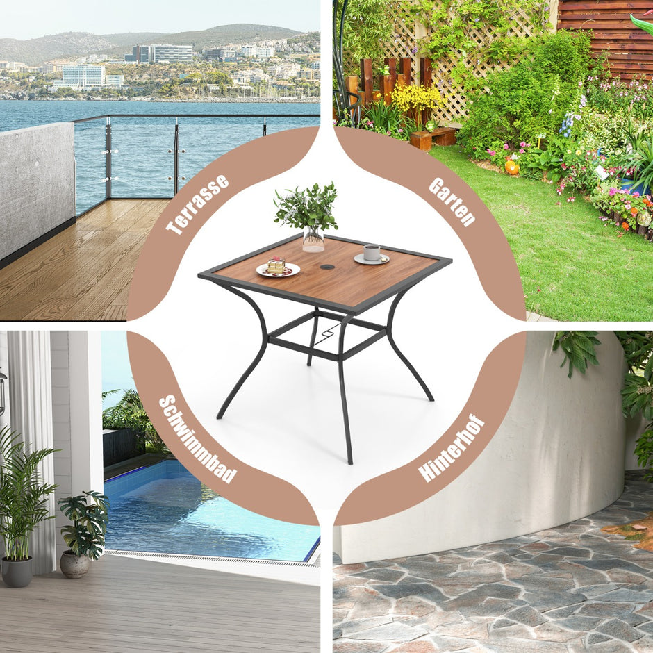 Trädgårdsbord – med bordsskiva i trälook. Terrassbord justerbart paraplyhål – 85 x 85 x 74 cm – Brun