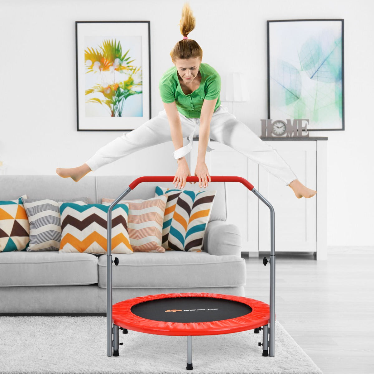 Vikbar – ministudsmatta med höjdjusterbart handtag Fitnessstudsmatta – Ø 101 cm – Röd