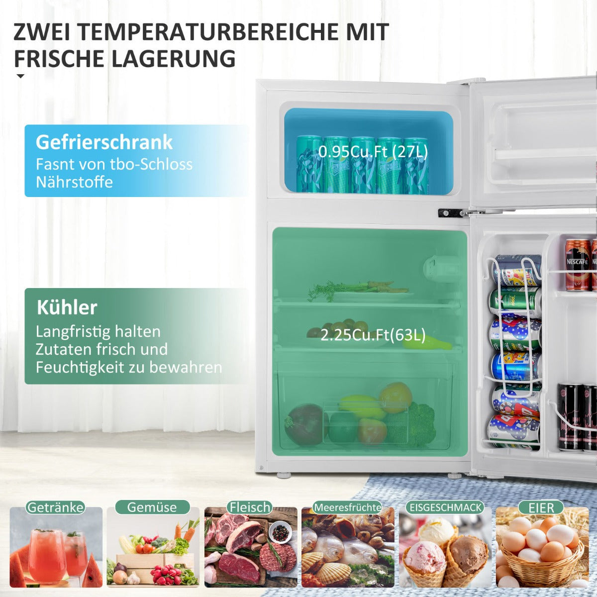 90L – Minikyl Separat frysfack Kompakt Kylskåp – 48,5 x 49,5 x 86 cm – Vit