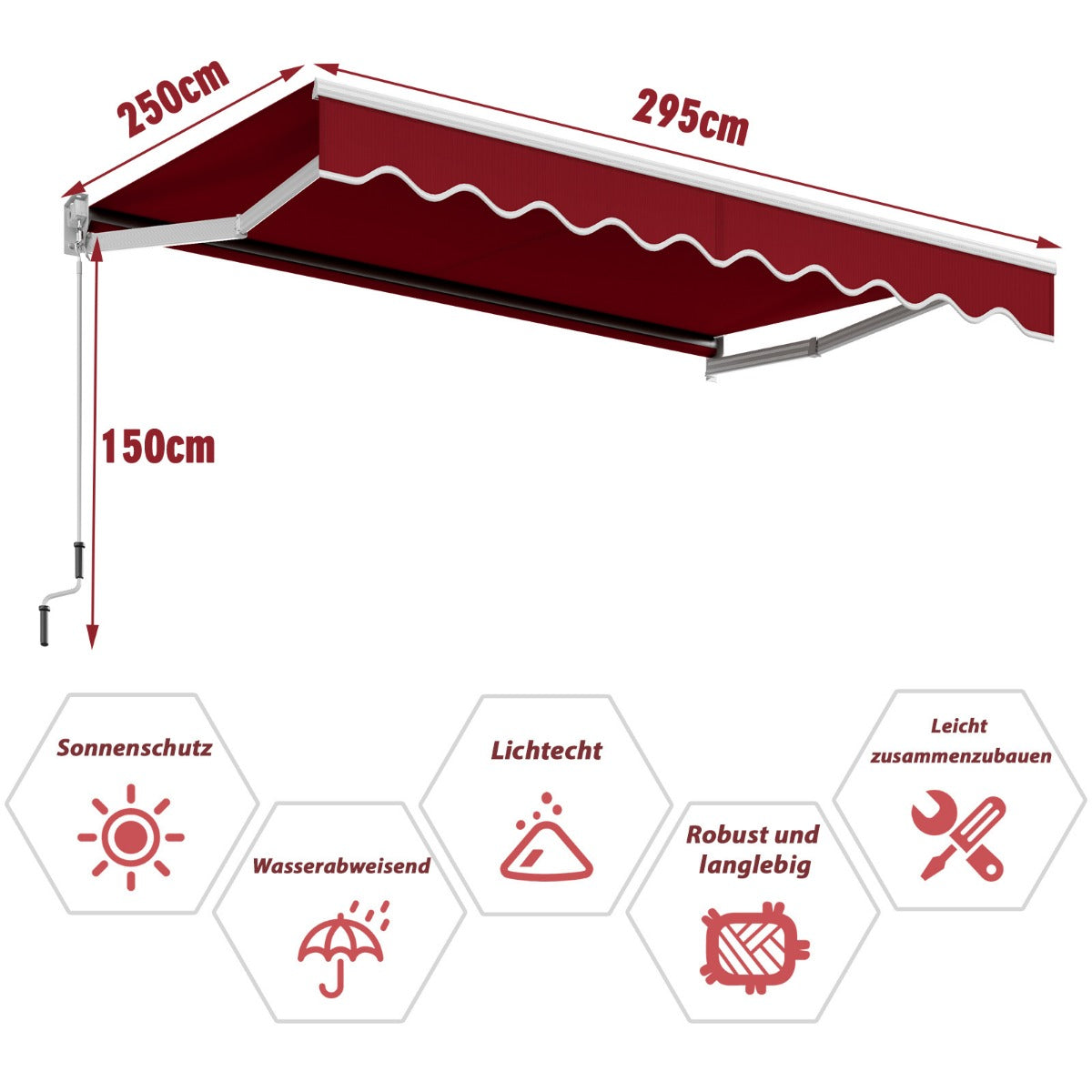 Gelenkarmmarkis – Solmarkis Balkongmarkis Terrassmarkis Klemmarkis med UV och vattenbeständigt material – 3 x 2,5 m – Vinröd