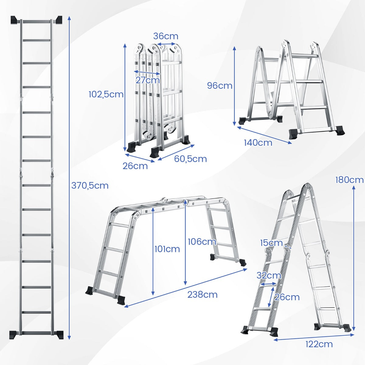 i – multifunktionsstege tillverkad av aluminiumställningsstege lastkapacitet upp – 7 1 150 kg 370,5 cm – Silver
