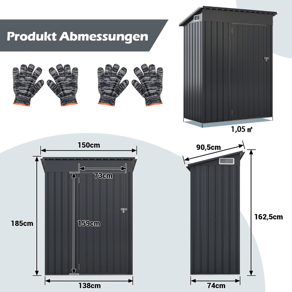 Trädgårdshus – i metall | m³ redskapsbod med taktak – 150 x 90,5 x 185 cm 1,5 – Mörkgrå