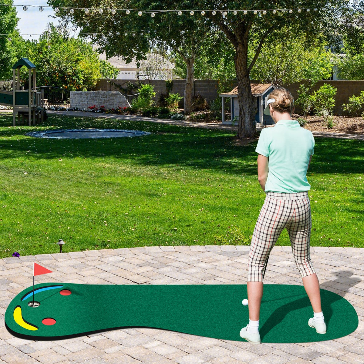 Golfputtmatta – med puttkoppar och flaggvikbar golfmatta Övningsmatta – 3 1 300 x 96 cm – Grön
