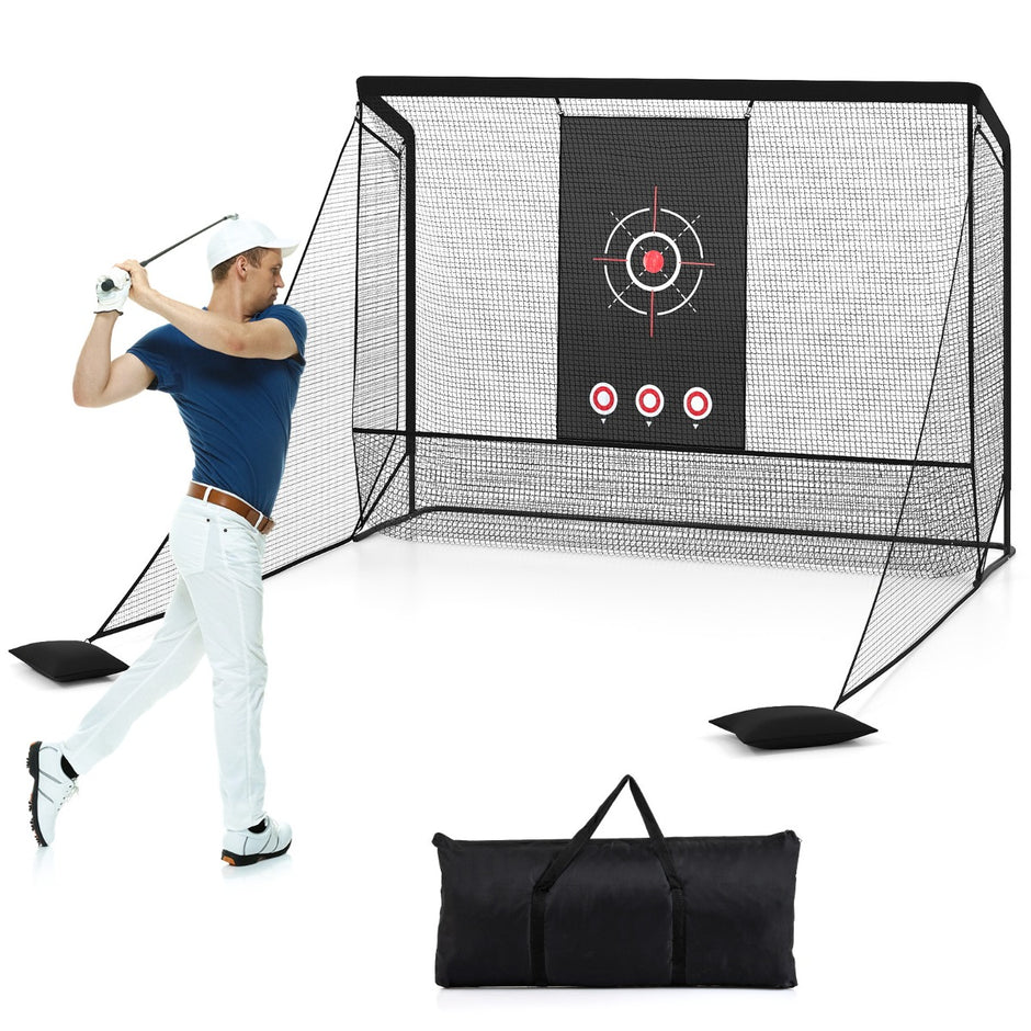 Golfnät – golfövningsnät med måltavla vikbara sidodelar och golvnät – 326 x 305 x 225 cm – Svart
