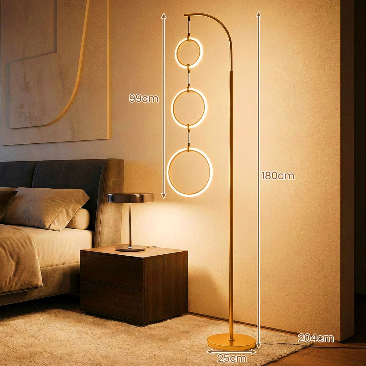 Lågig – LED Golvlampa Läslampa Med Hängande Lampringar och Fotbrytare – 3 3 – Guld