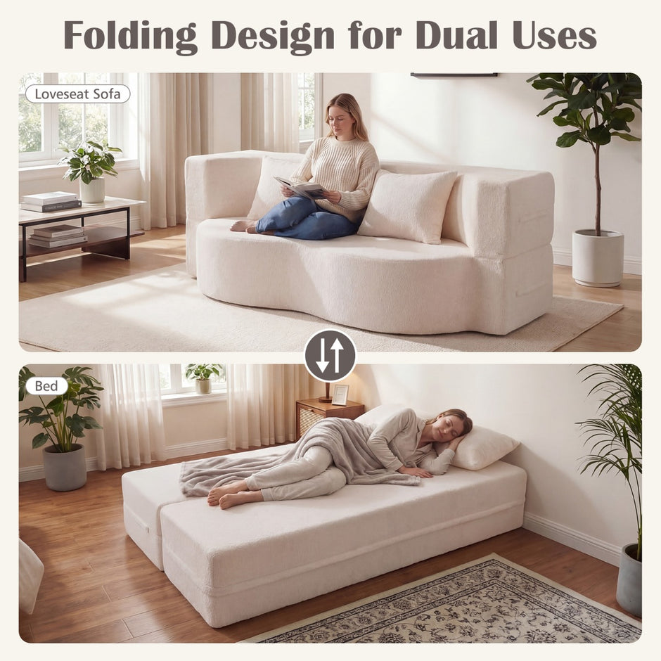 Soffasäng – med bekväma kuddar och minnesskum, benlös soffa/säng i Teddy fleece – 2 – Beige