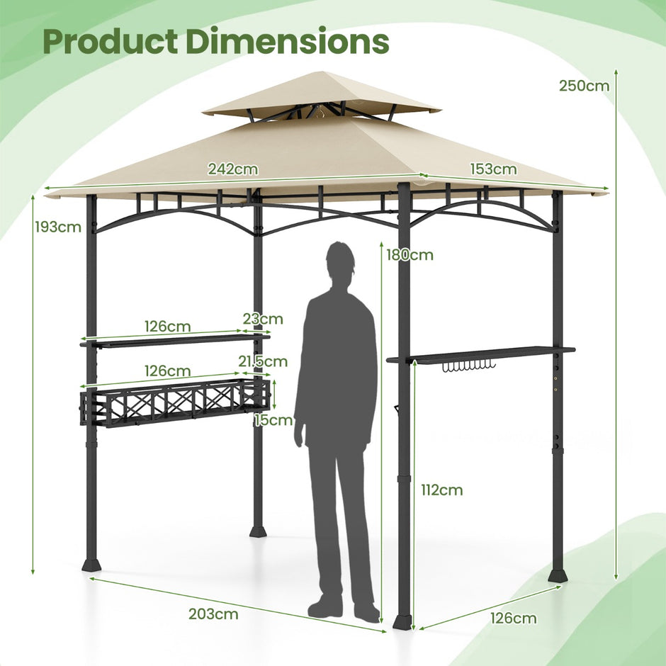 Grillpaviljong – med dubbelt tak och sidohyllor metallkorg Grillöverdrag Grillskydd – Beige