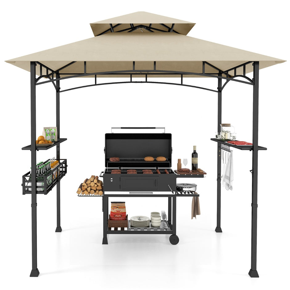 Grillpaviljong – med dubbelt tak och sidohyllor metallkorg Grillöverdrag Grillskydd – Beige